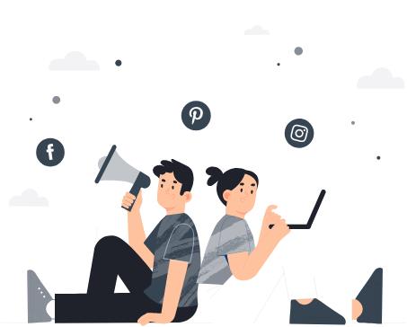 An illustration of a man and woman sitting back-to-back, using a megaphone and a laptop, with social media icons above them.