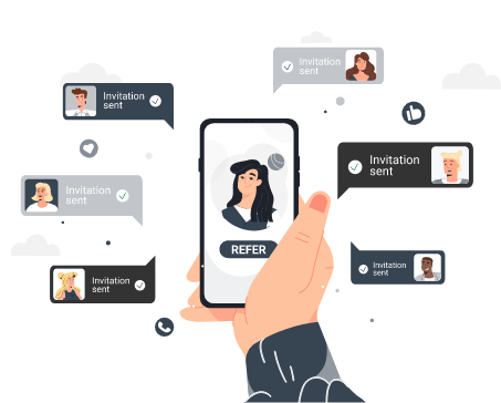 An illustration of a hand holding a smartphone with various social media invitation notifications around it.